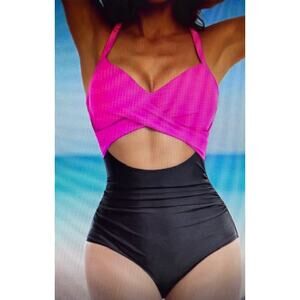 EoMenie Swimsuit 1 piece Pink Black MEDIUM Cutout High Waist Cross Front Tie